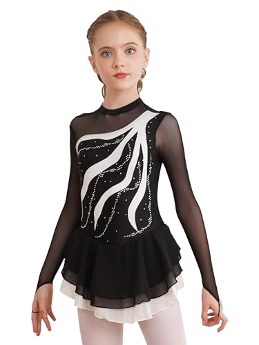 Agoky Mädchen Langarm Eiskunstlauf Kleid Rollschuhkleid Ballettkleid Tanzkleid Ballett Trikot Ballettanzug mit Tutu Rock Weiß B 170-176 von Agoky