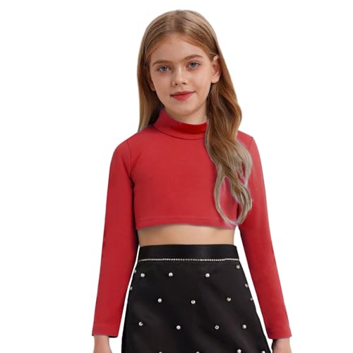 Agoky Mädchen Langarm Shirt Crop Top Rollkragen Bluse Unterhemd Sport Tanz Ballett Oberteil Basic und elastisch gr.116.162 Rot 128 von Agoky