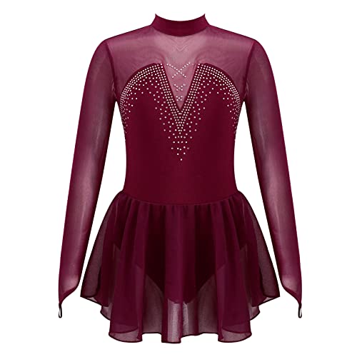 Agoky Mädchen Langarm Skaterkleid Glitzer Eiskunstlauf Kleid Tanzkleid Mesh kurz Swing Tutu gefaltet Röckchen mit Slip Burgund B 134-140 von Agoky