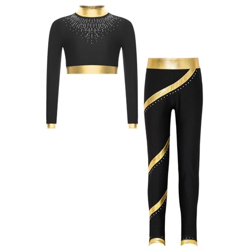 Agoky Mädchen Langarm Tanzshirt Cropped Tshirt Kurz Bauchfrei Rollkragen Top und High Waist Lange Hose Slim Fit Stretch Leggings mit Metallic Streifen Gymnastik Turn Outfits Gold 146-152 von Agoky