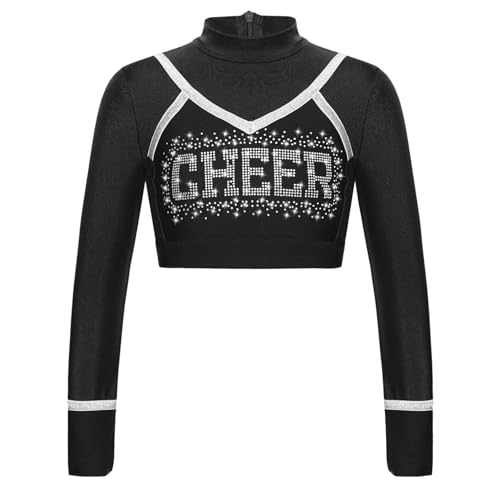 Agoky Mädchen Langarm Tanztop Rollkragen Farbblock Crop Top Kurz Bauchfrei T-Shirt mit Cheer Buchstaben Sport Cheerleading Uniformen Oberteile Schwarz 170 von Agoky