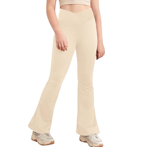 Agoky Mädchen Lange Hose mit Schlag High Waist Sporthose Skinny Fit Leggings Tights Tanzhose Flared Pants Beige 146-152 von Agoky