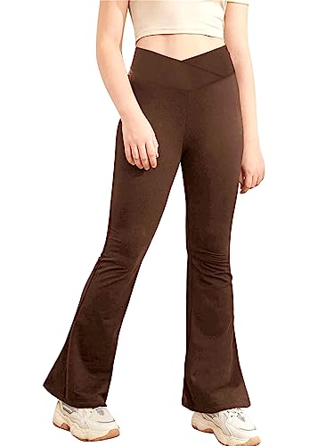 Agoky Mädchen Lange Hose mit Schlag High Waist Sporthose Skinny Fit Leggings Tights Tanzhose Flared Pants Braun 134-140 von Agoky