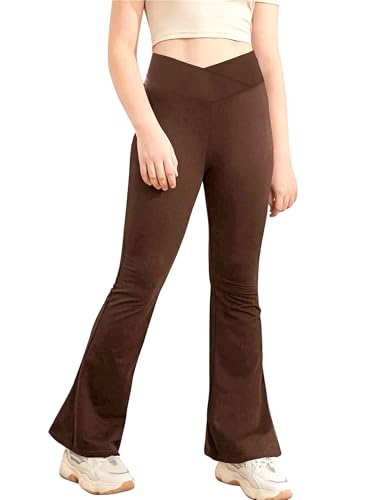 Agoky Mädchen Lange Hose mit Schlag High Waist Sporthose Skinny Fit Leggings Tights Tanzhose Flared Pants Braun 146-152 von Agoky