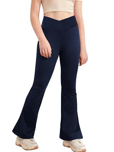 Agoky Mädchen Lange Hose mit Schlag High Waist Sporthose Skinny Fit Leggings Tights Tanzhose Flared Pants Dunkelblau 134-140 von Agoky