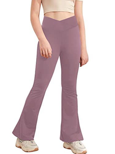 Agoky Mädchen Lange Hose mit Schlag High Waist Sporthose Skinny Fit Leggings Tights Tanzhose Flared Pants Violett 122-128 von Agoky