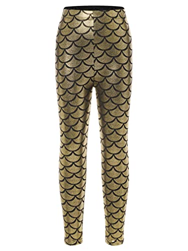 Agoky Mädchen Meerjungfrau Hose Metallic Fischschuppen Leggings Stretch Strumpfhose ohne Fuß Prinzessin Outfits Gold 146-152 von Agoky