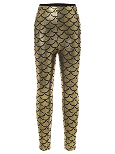 Agoky Mädchen Meerjungfrau Hose Metallic Fischschuppen Leggings Stretch Strumpfhose ohne Fuß Prinzessin Outfits Gold 92-98 von Agoky