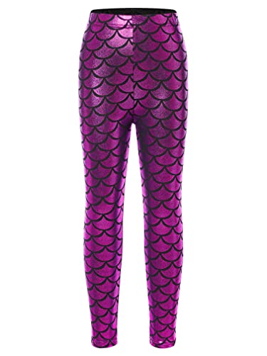 Agoky Mädchen Meerjungfrau Hose Metallic Fischschuppen Leggings Stretch Strumpfhose ohne Fuß Prinzessin Outfits Hot Pink 110-116 von Agoky