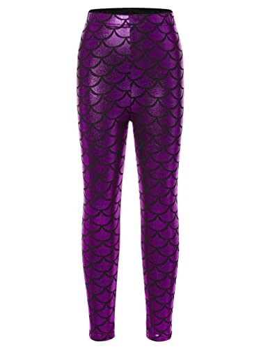 Agoky Mädchen Meerjungfrau Hose Metallic Fischschuppen Leggings Stretch Strumpfhose ohne Fuß Prinzessin Outfits Violett 110-116 von Agoky