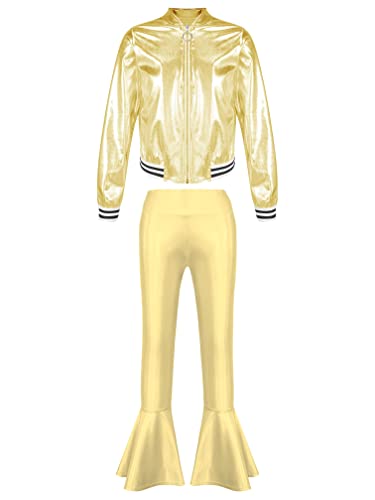 Agoky Mädchen Metallic Jogginganzug Sportanzug Glänzend Jacke und Jogginghose 80er 90er Trainingsanzug Hip Hop Jazz Tanz Kleidung Set Gold A 146-152 von Agoky