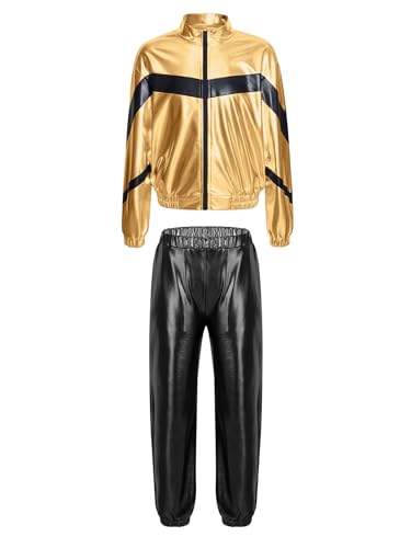 Agoky Mädchen Metallic Jogginganzug Sportanzug Glänzend Jacke und Jogginghose 80er 90er Trainingsanzug Hip Hop Jazz Tanz Kleidung Set Gold & Schwarz C 170 von Agoky