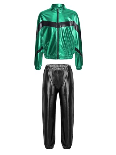 Agoky Mädchen Metallic Jogginganzug Sportanzug Glänzend Jacke und Jogginghose 80er 90er Trainingsanzug Hip Hop Jazz Tanz Kleidung Set Grün Schwarz C 170 von Agoky