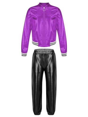 Agoky Mädchen Metallic Jogginganzug Sportanzug Glänzend Jacke und Jogginghose 80er 90er Trainingsanzug Hip Hop Jazz Tanz Kleidung Set Lila & Schwarz 170 von Agoky