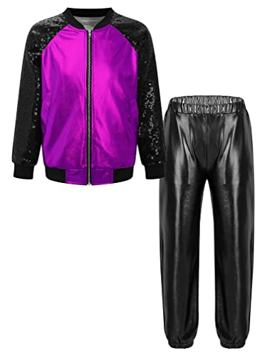 Agoky Mädchen Metallic Jogginganzug Sportanzug Glänzend Jacke und Jogginghose 80er 90er Trainingsanzug Hip Hop Jazz Tanz Kleidung Set Lila & Schwarz D 110-116 von Agoky