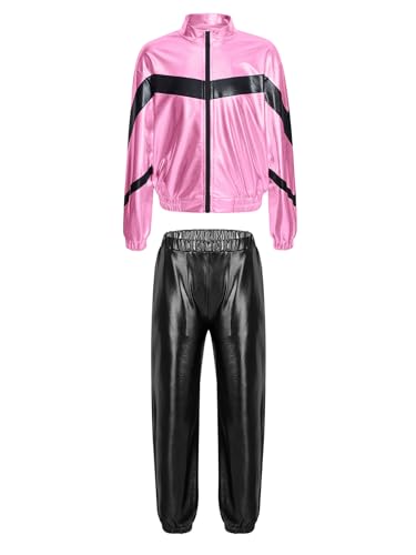 Agoky Mädchen Metallic Jogginganzug Sportanzug Glänzend Jacke und Jogginghose 80er 90er Trainingsanzug Hip Hop Jazz Tanz Kleidung Set Pink Schwarz C 146-152 von Agoky