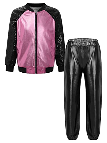Agoky Mädchen Metallic Jogginganzug Sportanzug Glänzend Jacke und Jogginghose 80er 90er Trainingsanzug Hip Hop Jazz Tanz Kleidung Set Pink Schwarz D 134-140 von Agoky