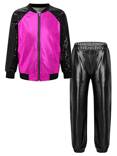 Agoky Mädchen Metallic Jogginganzug Sportanzug Glänzend Jacke und Jogginghose 80er 90er Trainingsanzug Hip Hop Jazz Tanz Kleidung Set Rosa & Schwarz D 134-140 von Agoky