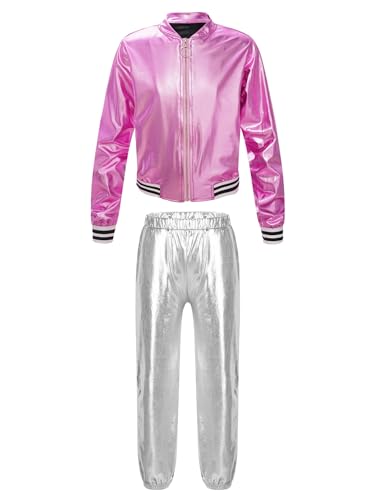 Agoky Mädchen Metallic Jogginganzug Sportanzug Glänzend Jacke und Jogginghose 80er 90er Trainingsanzug Hip Hop Jazz Tanz Kleidung Set Rosa und Silber 170 von Agoky