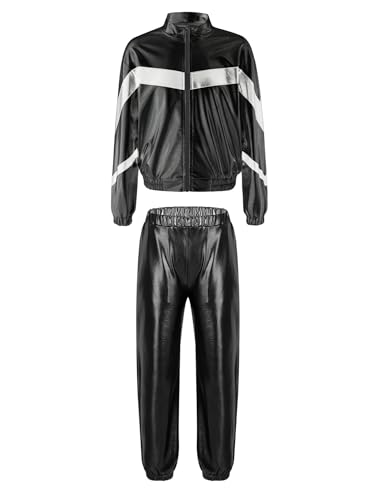 Agoky Mädchen Metallic Jogginganzug Sportanzug Glänzend Jacke und Jogginghose 80er 90er Trainingsanzug Hip Hop Jazz Tanz Kleidung Set Schwarz C 170 von Agoky