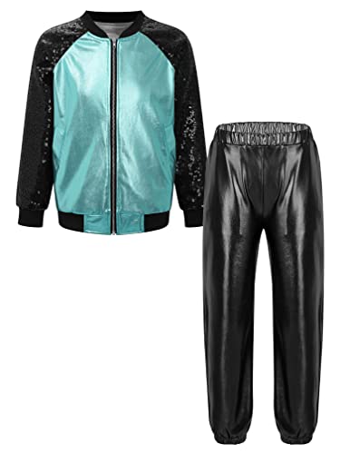 Agoky Mädchen Metallic Jogginganzug Sportanzug Glänzend Jacke und Jogginghose 80er 90er Trainingsanzug Hip Hop Jazz Tanz Kleidung Set See Blau & Schwarz D 134-140 von Agoky