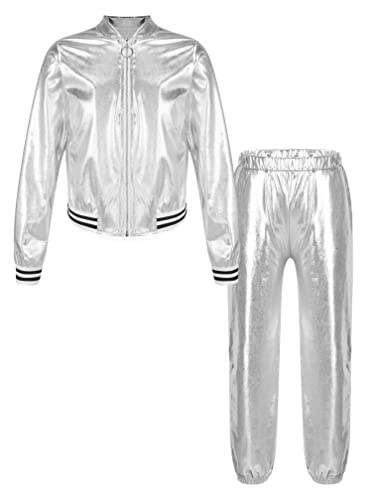 Agoky Mädchen Metallic Jogginganzug Sportanzug Glänzend Jacke und Jogginghose 80er 90er Trainingsanzug Hip Hop Jazz Tanz Kleidung Set Silber 122-128 von Agoky