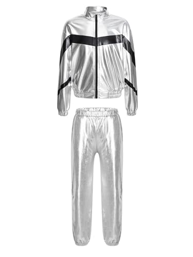 Agoky Mädchen Metallic Jogginganzug Sportanzug Glänzend Jacke und Jogginghose 80er 90er Trainingsanzug Hip Hop Jazz Tanz Kleidung Set Silber C 122-128 von Agoky