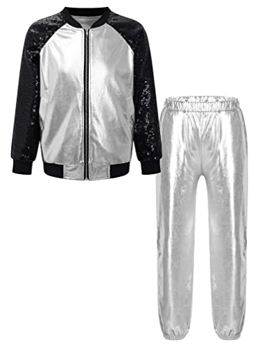 Agoky Mädchen Metallic Jogginganzug Sportanzug Glänzend Jacke und Jogginghose 80er 90er Trainingsanzug Hip Hop Jazz Tanz Kleidung Set Silber D 110-116 von Agoky