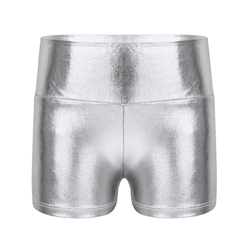 Agoky Mädchen Metallic Kurze Hose Stretch Slim Fit Hot Pants Gymnastik Turn Sport Boxershorts Silber B 134-140 von Agoky