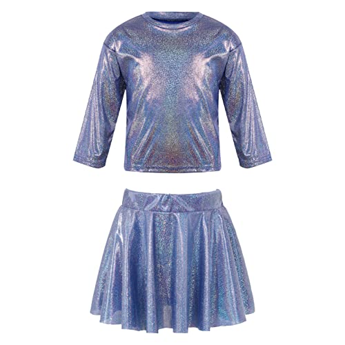 Agoky Mädchen Metallic Langarm T-Shirt und Rock mit Falten Elastische Taille Röckchen Modern Jazz Tanz Kleidung Set Blau 122-128 von Agoky
