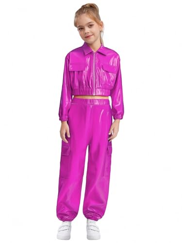 Agoky Mädchen Metallic Sportanzug Glänzend Jogginganzug Trainingsanzug Langarmhemd Crop Top Jacke und Chino Cargo Hose Tanz Kleidung Set in 11 Farben Hot Pink 146-152 von Agoky