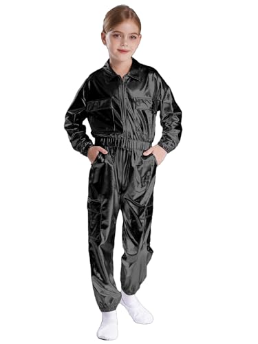 Agoky Mädchen Metallic Sportanzug Glänzend Jogginganzug Trainingsanzug Langarmhemd Crop Top Jacke und Chino Cargo Hose Tanz Kleidung Set in 11 Farben Schwarz 170 von Agoky