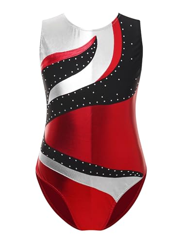 Agoky Mädchen Metallic Turnanzug Ärmellos Gymnastikanzug Tanz Trikot mit Flamme/Streifen Sport Fitness Ballett Body Kinder Einteiler Tanzbekleidung Rot 158-164 von Agoky