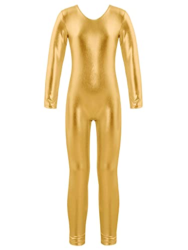 Agoky Mädchen Metallic Turnanzug Langarm Body Overalls Ganzkörperanzug Jumpsuit Ballett Trikot Tanz Anzug Fitness Sport Leotard Gold B 110-116 von Agoky