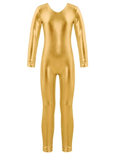 Agoky Mädchen Metallic Turnanzug Langarm Body Overalls Ganzkörperanzug Jumpsuit Ballett Trikot Tanz Anzug Fitness Sport Leotard Gold B 134-140 von Agoky