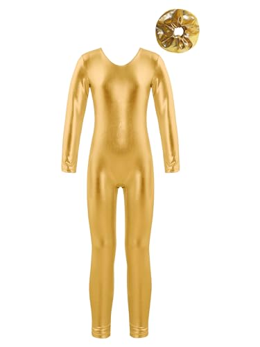 Agoky Mädchen Metallic Turnanzug Langarm Body Overalls Ganzkörperanzug Jumpsuit Ballett Trikot Tanz Anzug Fitness Sport Leotard Gold E 110-116 von Agoky