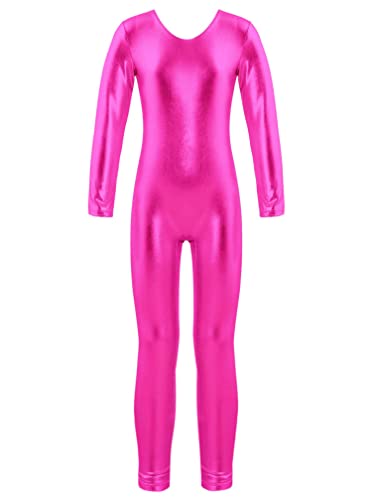 Agoky Mädchen Metallic Turnanzug Langarm Body Overalls Ganzkörperanzug Jumpsuit Ballett Trikot Tanz Anzug Fitness Sport Leotard Hot Pink B 134-140 von Agoky