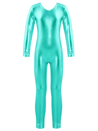 Agoky Mädchen Metallic Turnanzug Langarm Body Overalls Ganzkörperanzug Jumpsuit Ballett Trikot Tanz Anzug Fitness Sport Leotard Lake Grün B 134-140 von Agoky
