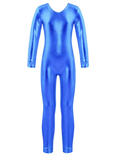 Agoky Mädchen Metallic Turnanzug Langarm Body Overalls Ganzkörperanzug Jumpsuit Ballett Trikot Tanz Anzug Fitness Sport Leotard Royal Blau B 134-140 von Agoky