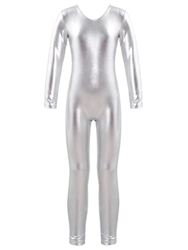 Agoky Mädchen Metallic Turnanzug Langarm Body Overalls Ganzkörperanzug Jumpsuit Ballett Trikot Tanz Anzug Fitness Sport Leotard Silber B 134-140 von Agoky