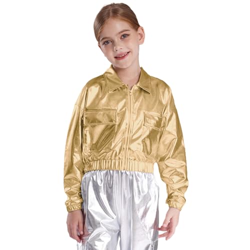 Agoky Mädchen Metallisch Hemd Langarm Kentkragen Bluse mit Glitzer Zipper Vorne Lederjacke Kurze Tanzjacke Hip Hop Streetwear Modern Jazz Kostüm Outfits Gold 122-128 von Agoky
