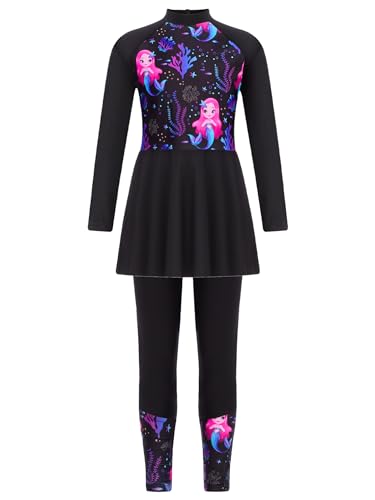 Agoky Mädchen Muslim Islamischen Burkini Kinder Zweiteiler Badeanzug Bademode Langarm Badekleid + Lange Hosen zum Schwimmen UV Schutz Anzug Schwarz N 122-128 von Agoky