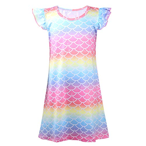 Agoky Mädchen Nachthemd Kinder Meerjungfrau Kleider Prinzessin flattern Ärmel Nachtkleid Pyjamas Sommer für 3-10 Jahre Regenbogen 122-128 von Agoky