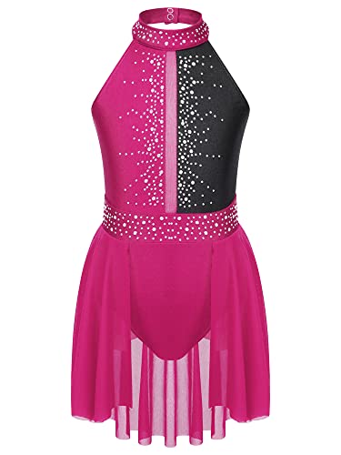 Agoky Mädchen Neckholder Eiskunstlauf Kleider Ärmellos Tanzkleid Swing Rock Strassstein Muster Ballettkleidung Hot Pink & Schwarz E 158-164 von Agoky
