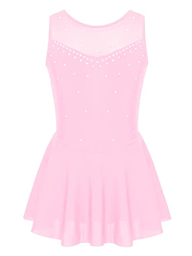 Agoky Mädchen Neckholder Eiskunstlauf Kleider Ärmellos Tanzkleid Swing Rock Strassstein Muster Ballettkleidung Rosa A 110-116 von Agoky