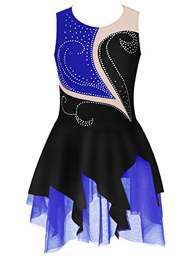 Agoky Mädchen Neckholder Eiskunstlauf Kleider Ärmellos Tanzkleid Swing Rock Strassstein Muster Ballettkleidung Schwarz Blau B 158-164 von Agoky