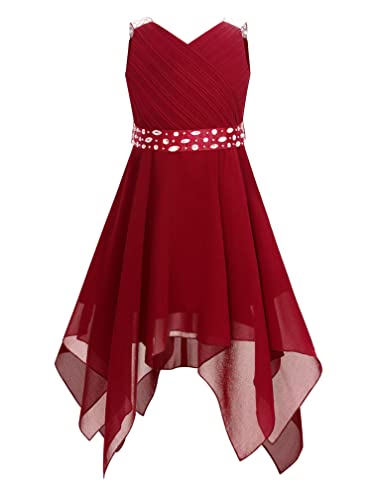 Agoky Mädchen Pailletten Halter Ausschnitt ärmellos Chiffon Lange Kleider Festzug Party Abschlussball Hochzeit Brautjungfer Blumenmädchen Kleidung Burgundy H 158-164/13-14 Jahre von Agoky