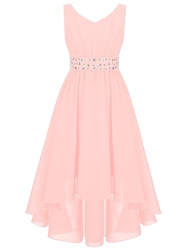 Agoky Mädchen Pailletten Halter Ausschnitt ärmellos Chiffon Lange Kleider Festzug Party Abschlussball Hochzeit Brautjungfer Blumenmädchen Kleidung Rosa F 152 von Agoky