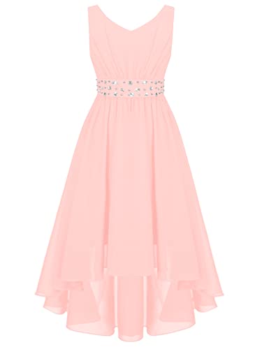 Agoky Mädchen Pailletten Halter Ausschnitt ärmellos Chiffon Lange Kleider Festzug Party Abschlussball Hochzeit Brautjungfer Blumenmädchen Kleidung Rosa F 152 von Agoky