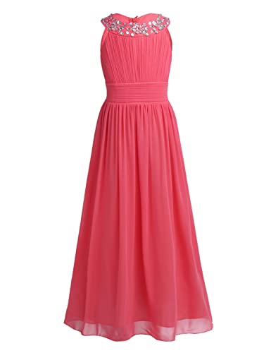 Agoky Mädchen Pailletten Halter Ausschnitt ärmellos Chiffon Lange Kleider Festzug Party Abschlussball Hochzeit Brautjungfer Blumenmädchen Kleidung Rot 152 von Agoky